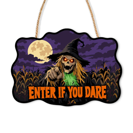 Pointing Cornfield Ghoul paint by numbers hanging sign – Ghoulish red-eyed scarecrow in a witch hat pointing from a moonlit cornfield, lettered Enter If You Dare, on a wooden sign with a rope hanger