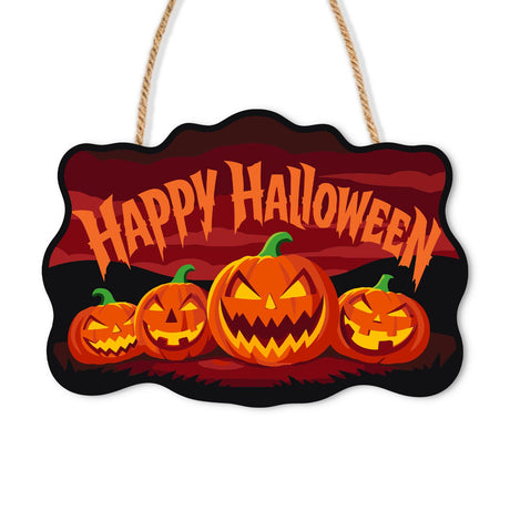 Grinning Jack-O'-Lantern Row paint by numbers hanging sign – Row of grinning jack-o'-lanterns under fiery orange lettering reading Happy Halloween on a deep red sky, on a wooden sign with a rope hanger