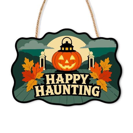 Pumpkin Lantern by Garden Gate paint by numbers hanging sign – Jack-o'-lantern inside a black lantern frame between stone gateposts and maple leaves, lettered Happy Haunting, on a wooden sign with a rope hanger