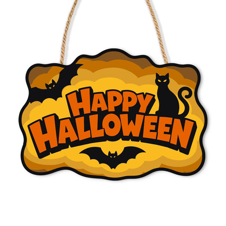 Corner-Perched Cat and Bats paint by numbers hanging sign – Black cat with a curly tail sitting on bold orange lettering reading Happy Halloween, with bats on golden layers, on a wooden sign with a rope hanger