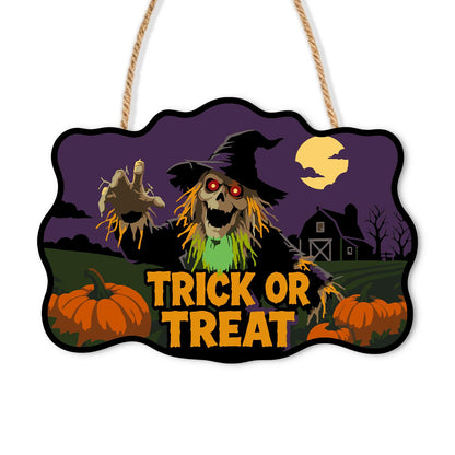 Clawing Ghoul Scarecrow by Barn paint by numbers hanging sign – Ghoulish red-eyed scarecrow in a witch hat reaching out a claw by a barn and pumpkins, lettered Trick or Treat, on a wooden sign with a rope hanger