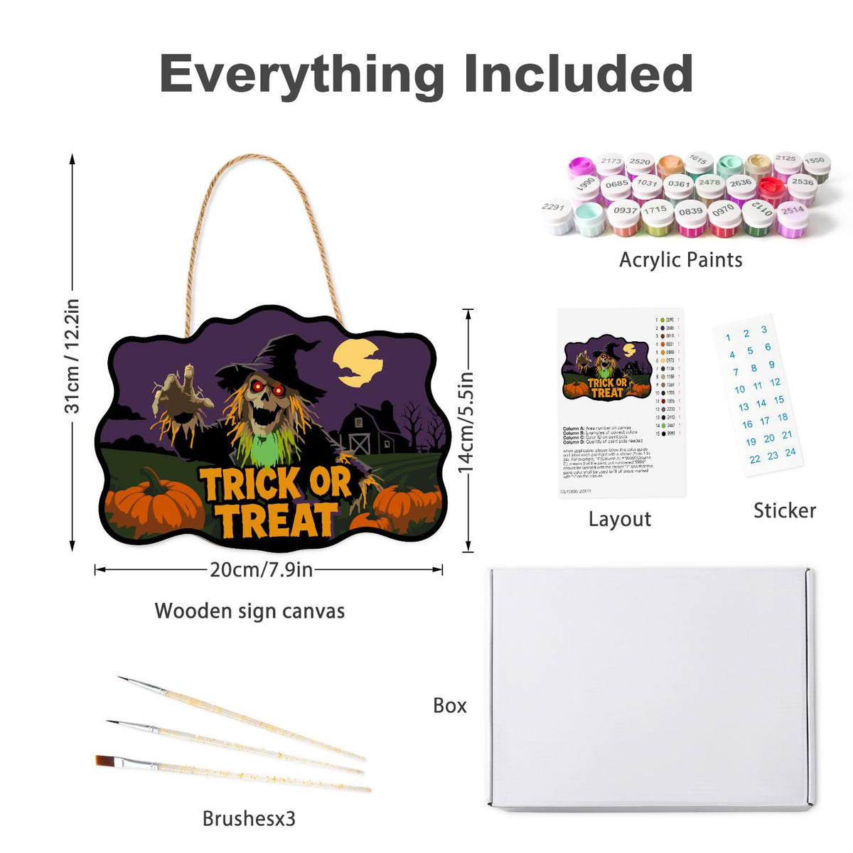 Clawing Ghoul Scarecrow by Barn paint by numbers hanging sign – what's in the kit: the wooden sign, rope hanger, numbered paints and brushes