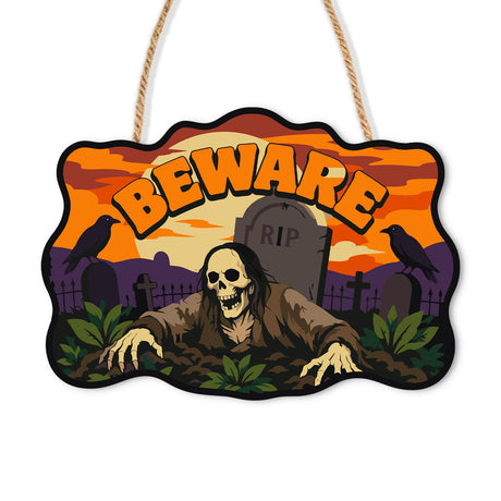 Ghoul Rising at Orange Dusk paint by numbers hanging sign – Zombie skeleton clawing out of a grave by an RIP stone with ravens under an orange sunset, lettered Beware, on a wooden sign with a rope hanger