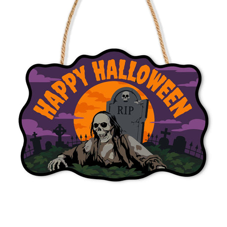 Purple Night Grave Crawler paint by numbers hanging sign – Zombie clawing out of a grave before a skull-topped RIP stone and orange moon, lettered Happy Halloween, on a wooden sign with a rope hanger