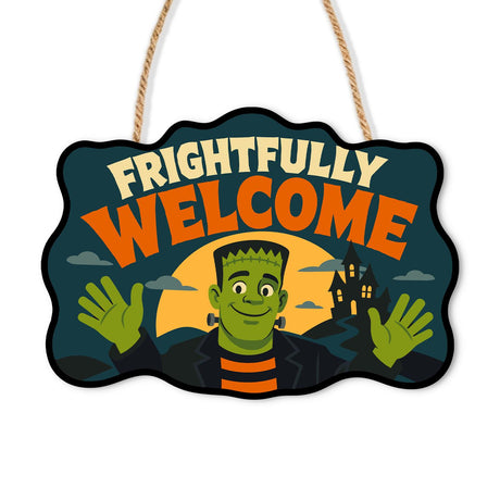 Frightfully Friendly Monster Wave paint by numbers hanging sign – Smiling green stitched monster waving both hands beside a haunted house, Frightfully Welcome lettering, on a wooden sign with a rope hanger