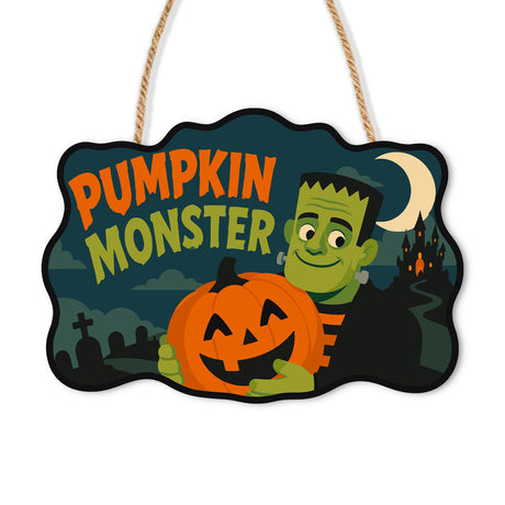 Frankenstein Hugging a Pumpkin paint by numbers hanging sign – Green stitched monster hugging a big jack-o'-lantern in a graveyard under a crescent moon, Pumpkin Monster lettering, on a wooden sign with a rope hanger