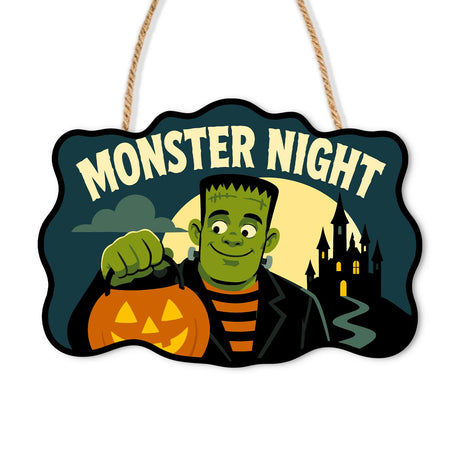 Moonlit Castle Monster Night paint by numbers hanging sign – Green stitched monster carrying a jack-o'-lantern past a castle under a pale moon, Monster Night lettering, on a wooden sign with a rope hanger