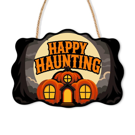 Pumpkin Cottage at Full Moon paint by numbers hanging sign – Cottage built from glowing pumpkins with lit windows under a big full moon, Happy Haunting lettering, on a wooden sign with a rope hanger