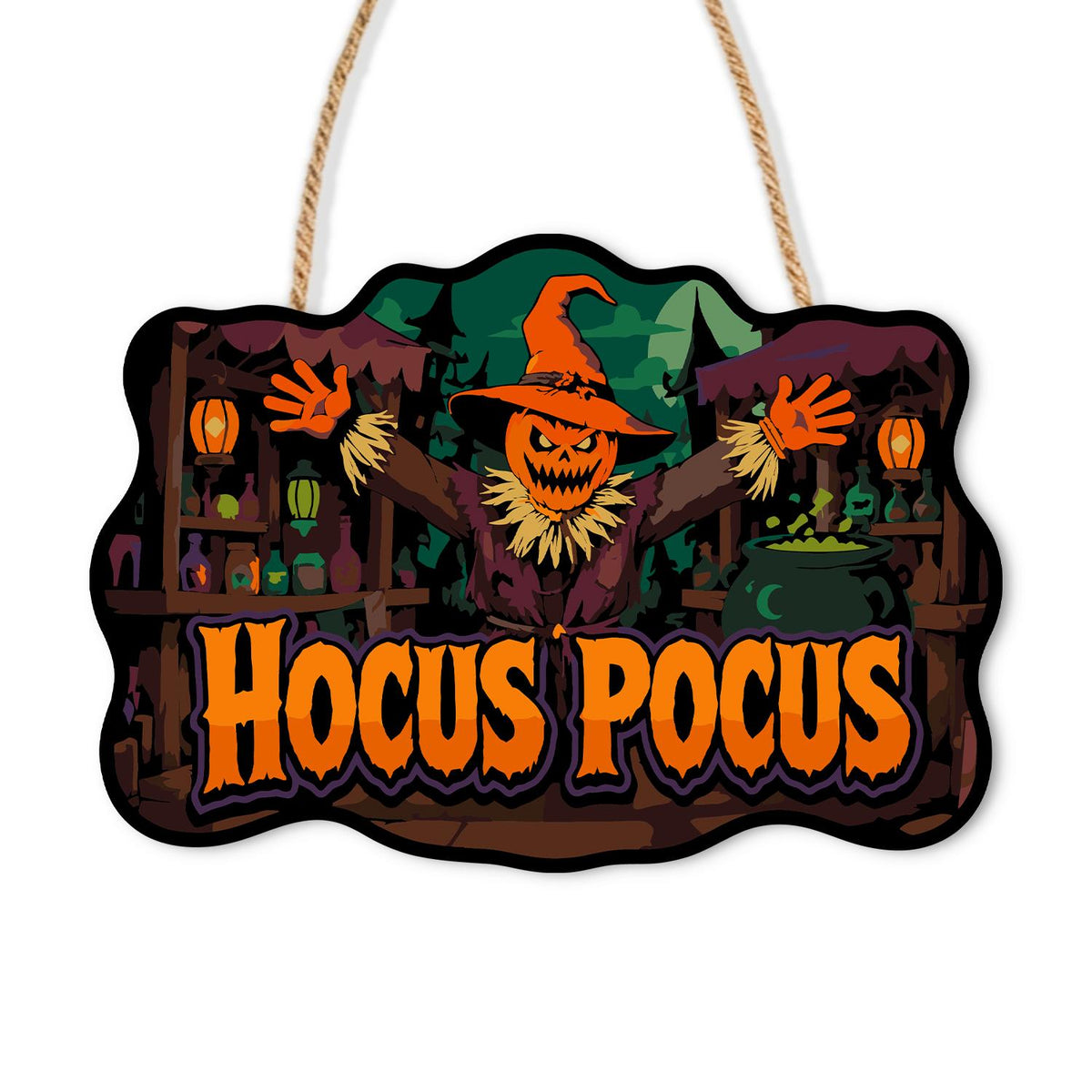 Pumpkin Scarecrow Potion Shop paint by numbers hanging sign – Pumpkin-head scarecrow in a witch hat in a potion shop with a bubbling cauldron, Hocus Pocus lettering, on a wooden sign with a rope hanger