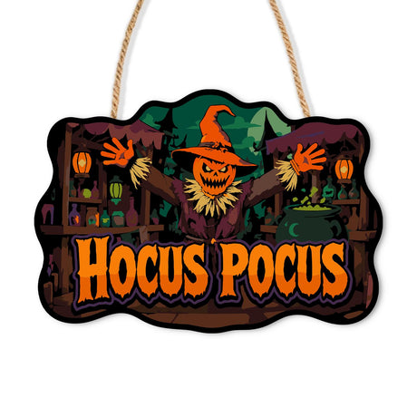 Pumpkin Scarecrow Potion Shop paint by numbers hanging sign – Pumpkin-head scarecrow in a witch hat in a potion shop with a bubbling cauldron, Hocus Pocus lettering, on a wooden sign with a rope hanger