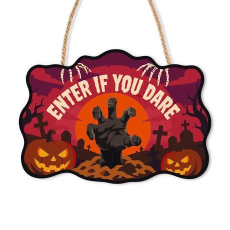Red Moon Grave Hand Dare paint by numbers hanging sign – Grey zombie hand rising from a grave before a red moon, skeleton hands, crosses, jack-o'-lanterns, Enter If You Dare, on a wooden sign with a rope hanger