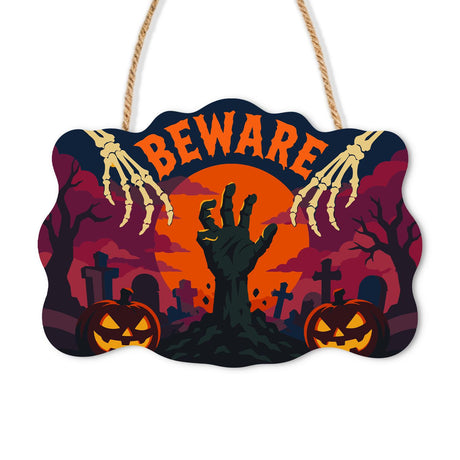 Beware the Grasping Grave Hand paint by numbers hanging sign – Green zombie hand rising from a grave under an orange moon, skeleton hands, crosses and jack-o'-lanterns, Beware, on a wooden sign with a rope hanger