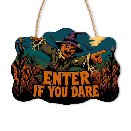 Cornfield Scarecrow Points the Way paint by numbers hanging sign – Pumpkin-head scarecrow in a witch hat pointing from a cornfield with bats, Enter If You Dare lettering, on a wooden sign with a rope hanger