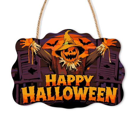 Orange Bat Sky Scarecrow paint by numbers hanging sign – Grinning pumpkin-head scarecrow in an orange witch hat before open shutters and a bat-filled sky, Happy Halloween, on a wooden sign with a rope hanger
