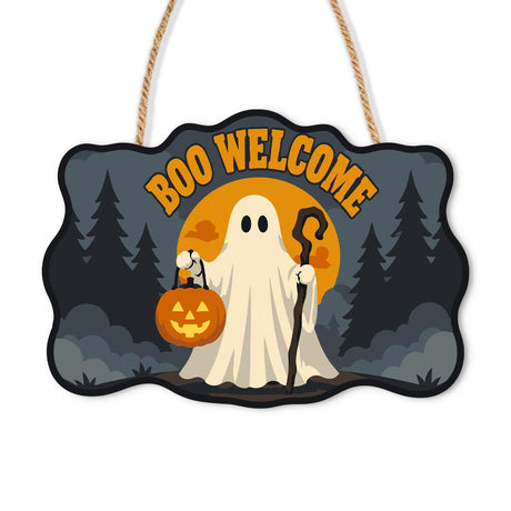 Pine Forest Ghost Trick-or-Treater paint by numbers hanging sign – Friendly sheet ghost holding a jack-o'-lantern pail and a crooked staff in a pine forest, Boo Welcome lettering, on a wooden sign with a rope hanger