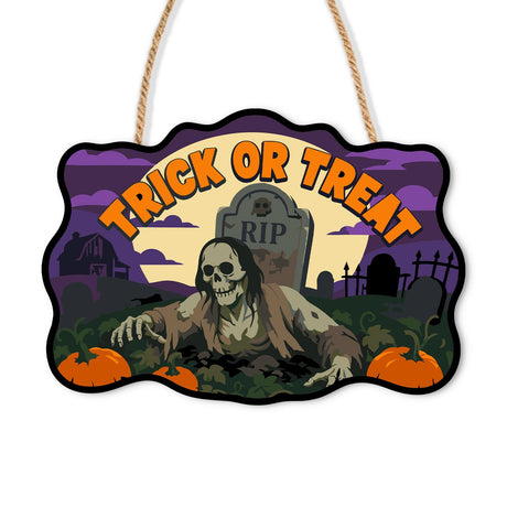 Skeleton Rising at the RIP Stone paint by numbers hanging sign – Skeleton crawling from a grave before an RIP headstone, pumpkins and an iron fence, Trick or Treat lettering, on a wooden sign with a rope hanger