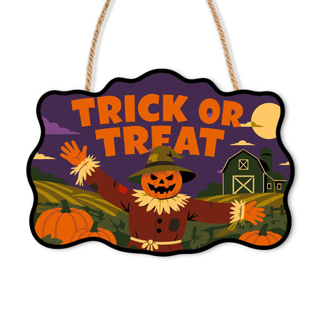 Green Barn Pumpkin Scarecrow paint by numbers hanging sign – Cheerful pumpkin-head scarecrow with arms out in a pumpkin patch by a green barn and crescent moon, Trick or Treat, on a wooden sign with a rope hanger