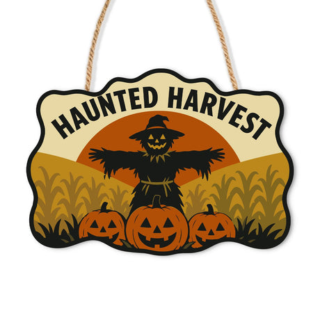 Orange Sun Scarecrow Silhouette paint by numbers hanging sign – Black scarecrow silhouette before an orange sun over a cornfield with three jack-o'-lanterns, Haunted Harvest, on a wooden sign with a rope hanger