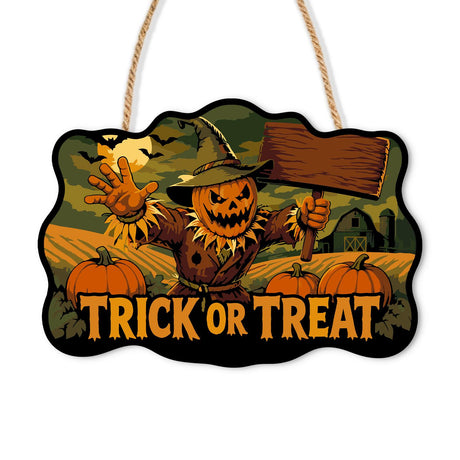 Placard-Waving Pumpkin Scarecrow paint by numbers hanging sign – Pumpkin-head scarecrow in a witch hat holding up a blank board among pumpkins and a barn, Trick or Treat lettering, on a wooden sign with a rope hanger