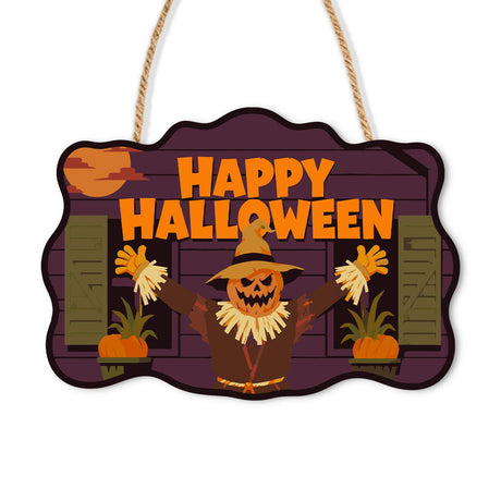 Purple Barn Scarecrow Welcome paint by numbers hanging sign – Small scarecrow with arms out before a purple barn wall with green shutters and potted plants, Happy Halloween, on a wooden sign with a rope hanger