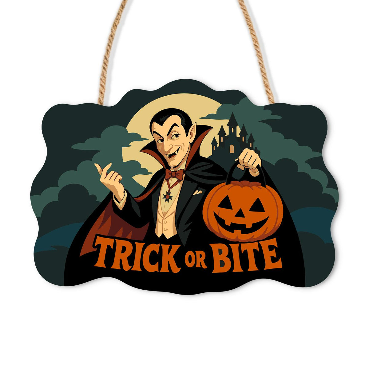 Caped Vampire with Jack-O'-Lantern paint by numbers hanging sign – Grinning caped vampire holding a jack-o'-lantern pail before a moonlit castle, Trick or Bite lettering, on a wooden sign with a rope hanger