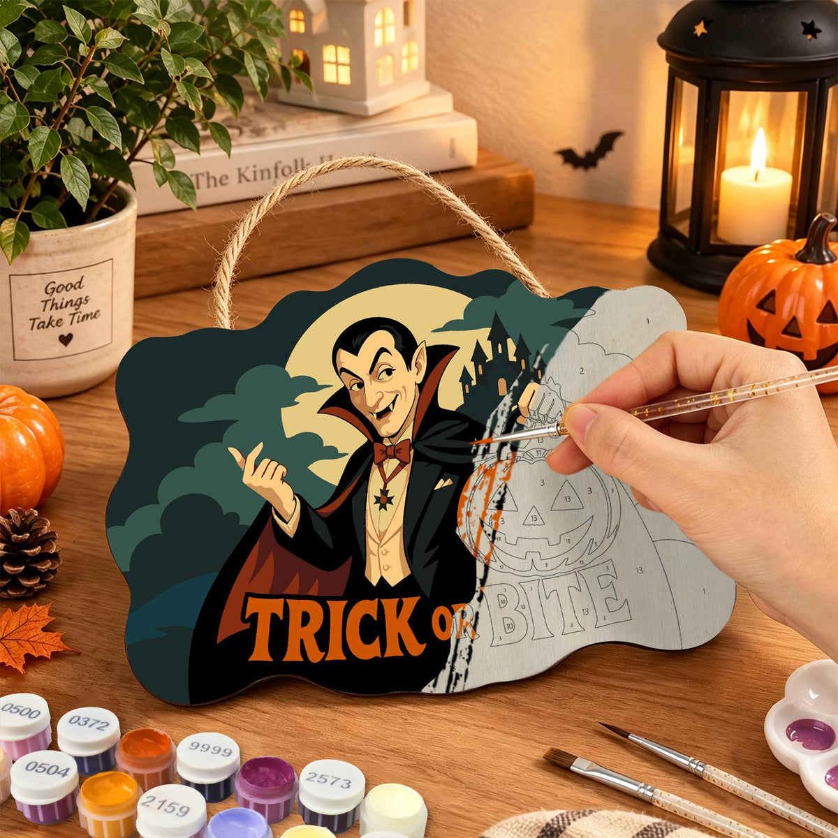 Caped Vampire with Jack-O'-Lantern paint by numbers hanging sign – image 7