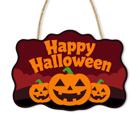 Crimson Jack-O'-Lantern Trio paint by numbers hanging sign – Three grinning jack-o'-lanterns, a large one in the middle, on a deep red background, Happy Halloween lettering, on a wooden sign with a rope hanger