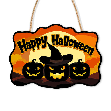 Amber Cloud Witch-Hat Pumpkins paint by numbers hanging sign – Three jack-o'-lanterns with glowing faces, the middle in a witch hat, before an orange cloudy sky, Happy Halloween, on a wooden sign with a rope hanger