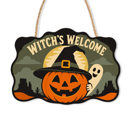 Witch-Hat Pumpkin and Shy Ghost paint by numbers hanging sign – Jack-o'-lantern in a witch hat with a peeking ghost before a moon and desert mesas, lettered Witch's Welcome, on a wooden sign with a rope hanger