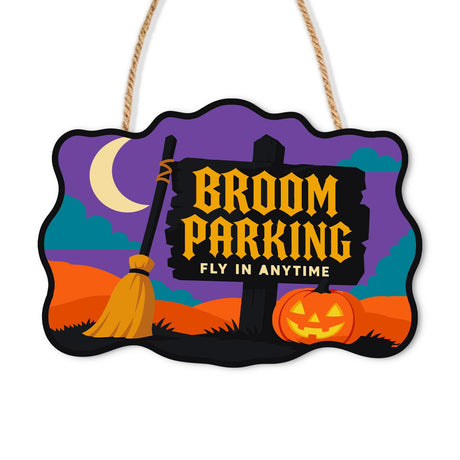Broomstick Parking at Moonrise paint by numbers hanging sign – Broom leaning on a signpost reading Broom Parking, Fly In Anytime under a crescent moon, with a jack-o'-lantern, on a wooden sign with a rope hanger