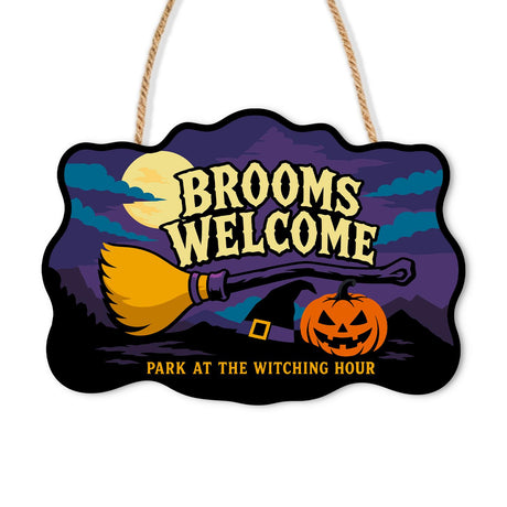 Resting Broom Under Full Moon paint by numbers hanging sign – Broomstick and witch hat by a jack-o'-lantern under a full moon, lettered Brooms Welcome, Park at the Witching Hour, on a wooden sign with a rope hanger