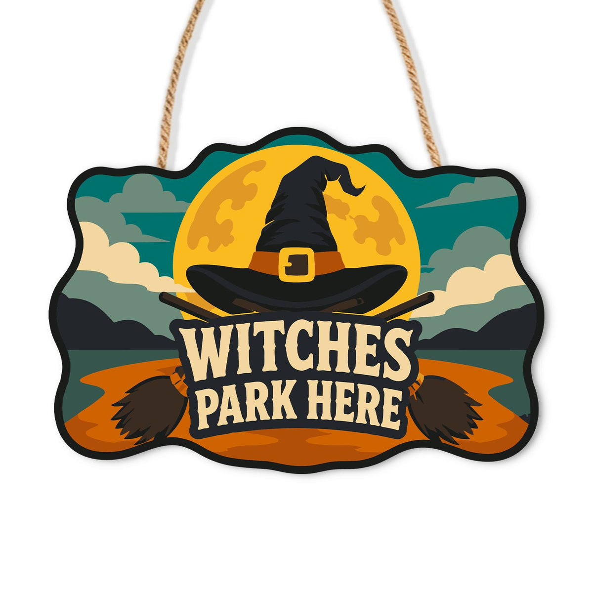 Golden Moon Witch Hat Parking paint by numbers hanging sign – Black witch hat over broomsticks before a big golden moon and clouds, lettered Witches Park Here, on a wooden sign with a rope hanger