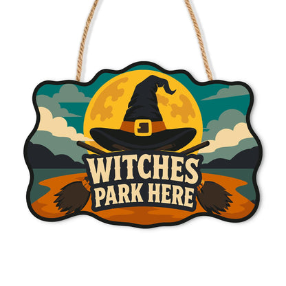 Golden Moon Witch Hat Parking paint by numbers hanging sign – Black witch hat over broomsticks before a big golden moon and clouds, lettered Witches Park Here, on a wooden sign with a rope hanger