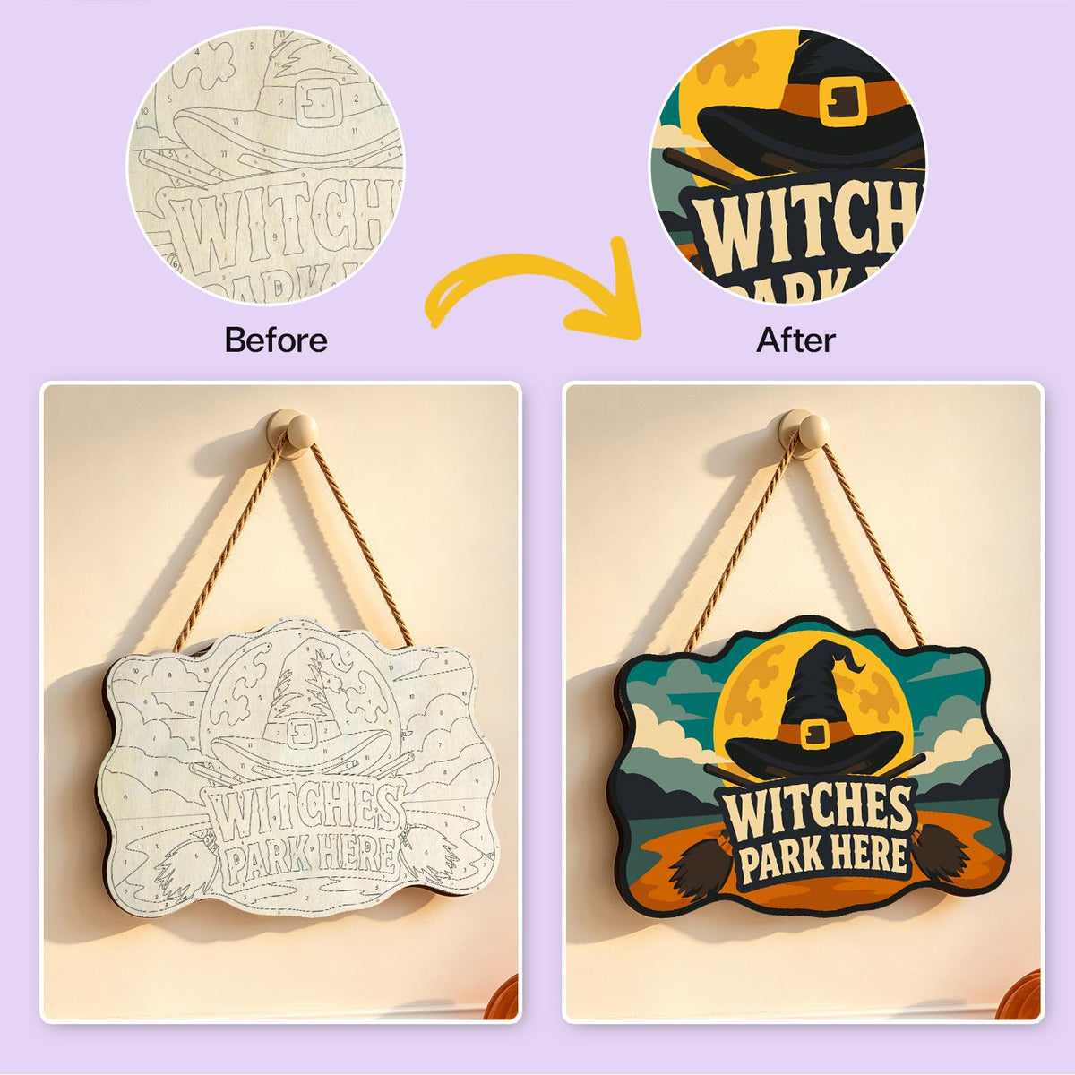 Golden Moon Witch Hat Parking paint by numbers hanging sign – image 10