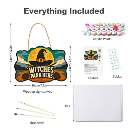 Golden Moon Witch Hat Parking paint by numbers hanging sign – what's in the kit: the wooden sign, rope hanger, numbered paints and brushes