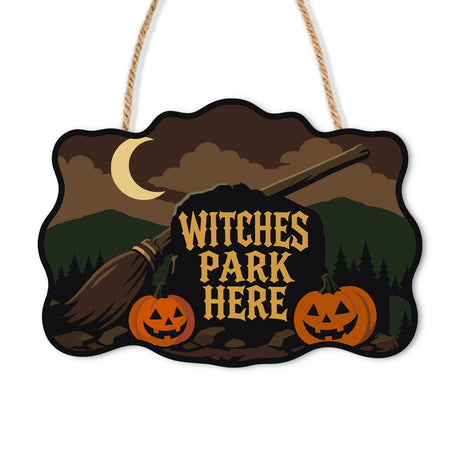 Pine Forest Broom Parking paint by numbers hanging sign – Broom by a dark board reading Witches Park Here, two jack-o'-lanterns, pine trees and a crescent moon, on a wooden sign with a rope hanger