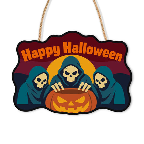Hooded Reapers Pumpkin Huddle paint by numbers hanging sign – Three blue-hooded skull reapers gathered around a large jack-o'-lantern under Happy Halloween lettering, on a wooden sign with a rope hanger