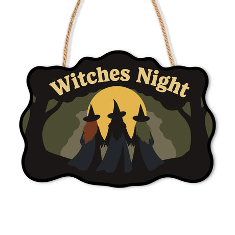 Coven Under the Golden Moon paint by numbers hanging sign – Three witch silhouettes in pointed hats, one red-haired, before a golden full moon in misty woods, Witches Night, on a wooden sign with a rope hanger