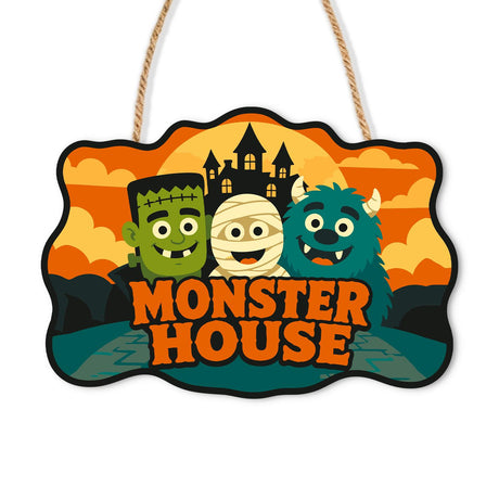 Monster Pals at the Haunted Castle paint by numbers hanging sign – Stitched green monster, mummy and teal furry monster before a haunted castle at sunset, Monster House lettering, on a wooden sign with a rope hanger