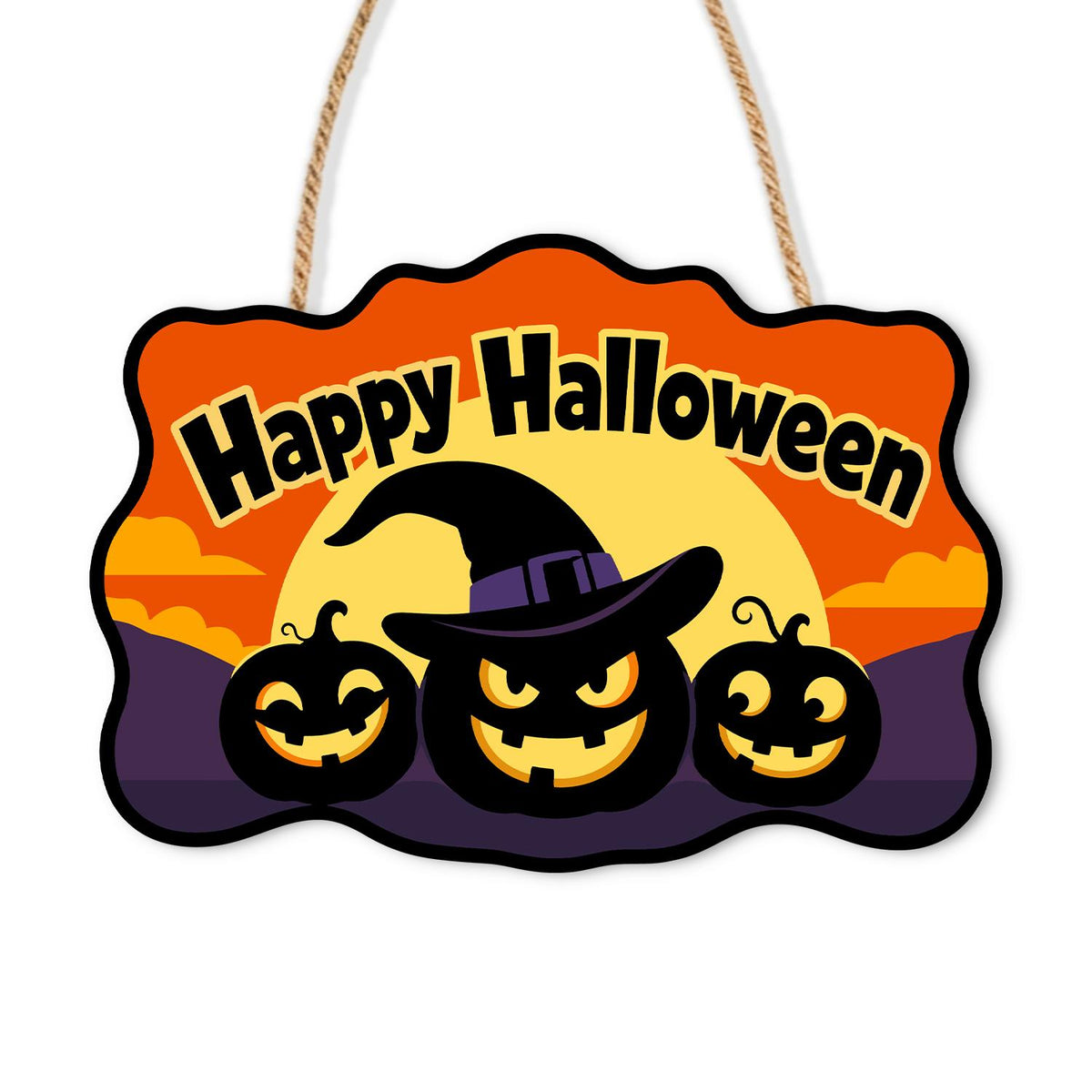 Purple Dusk Witch-Hat Pumpkins paint by numbers hanging sign – Three black jack-o'-lanterns, the middle one in a witch hat, against a yellow sun and purple hills, on a wooden sign with a rope hanger