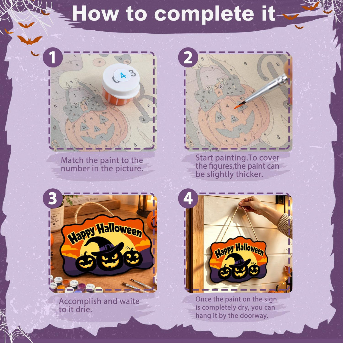 Purple Dusk Witch-Hat Pumpkins paint by numbers hanging sign – image 6