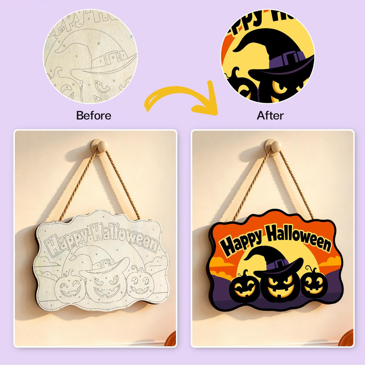 Purple Dusk Witch-Hat Pumpkins paint by numbers hanging sign – image 10