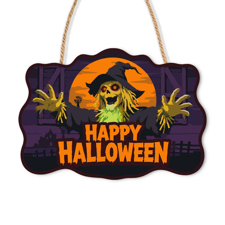 Orange Moon Scarecrow Ghoul paint by numbers hanging sign – Green-faced ghoul scarecrow with red eyes, witch hat and straw claws before an orange moon, Happy Halloween, on a wooden sign with a rope hanger