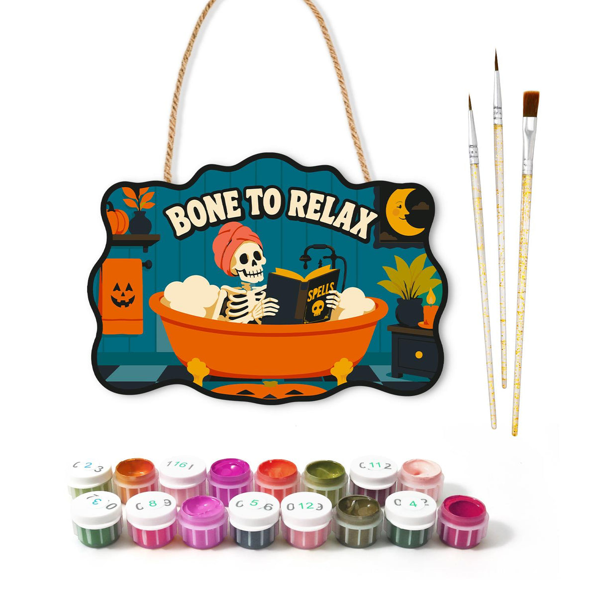 Bathtub Skeleton Reading Spells paint by numbers hanging sign – image 2