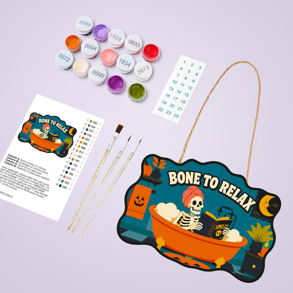 Bathtub Skeleton Reading Spells paint by numbers hanging sign – image 4