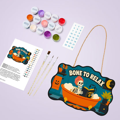 Bathtub Skeleton Reading Spells paint by numbers hanging sign – image 4