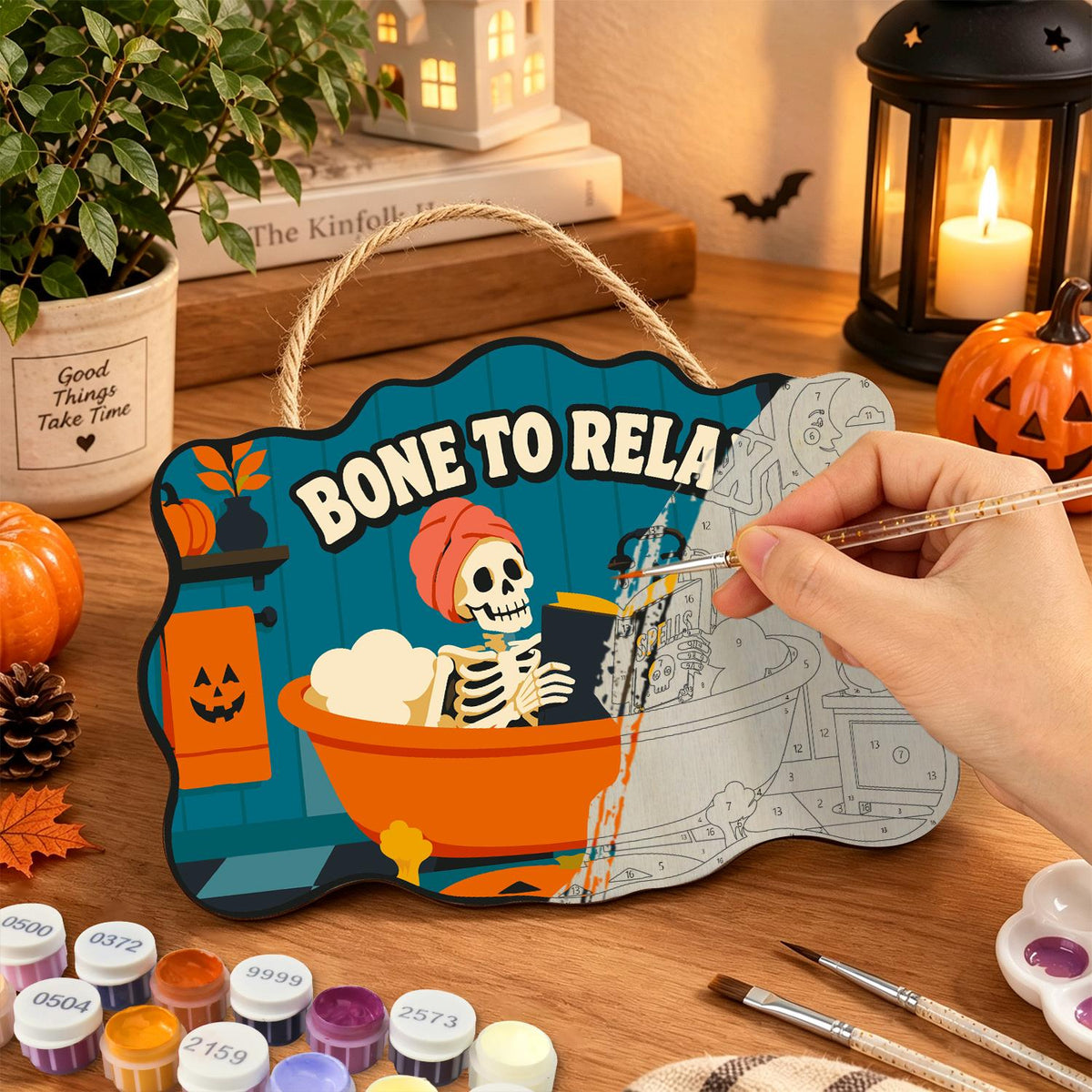 Bathtub Skeleton Reading Spells paint by numbers hanging sign – image 7