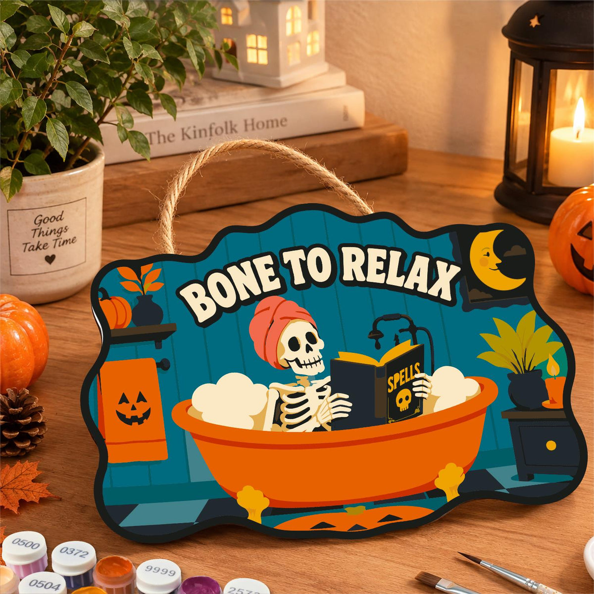 Bathtub Skeleton Reading Spells paint by numbers hanging sign – image 8