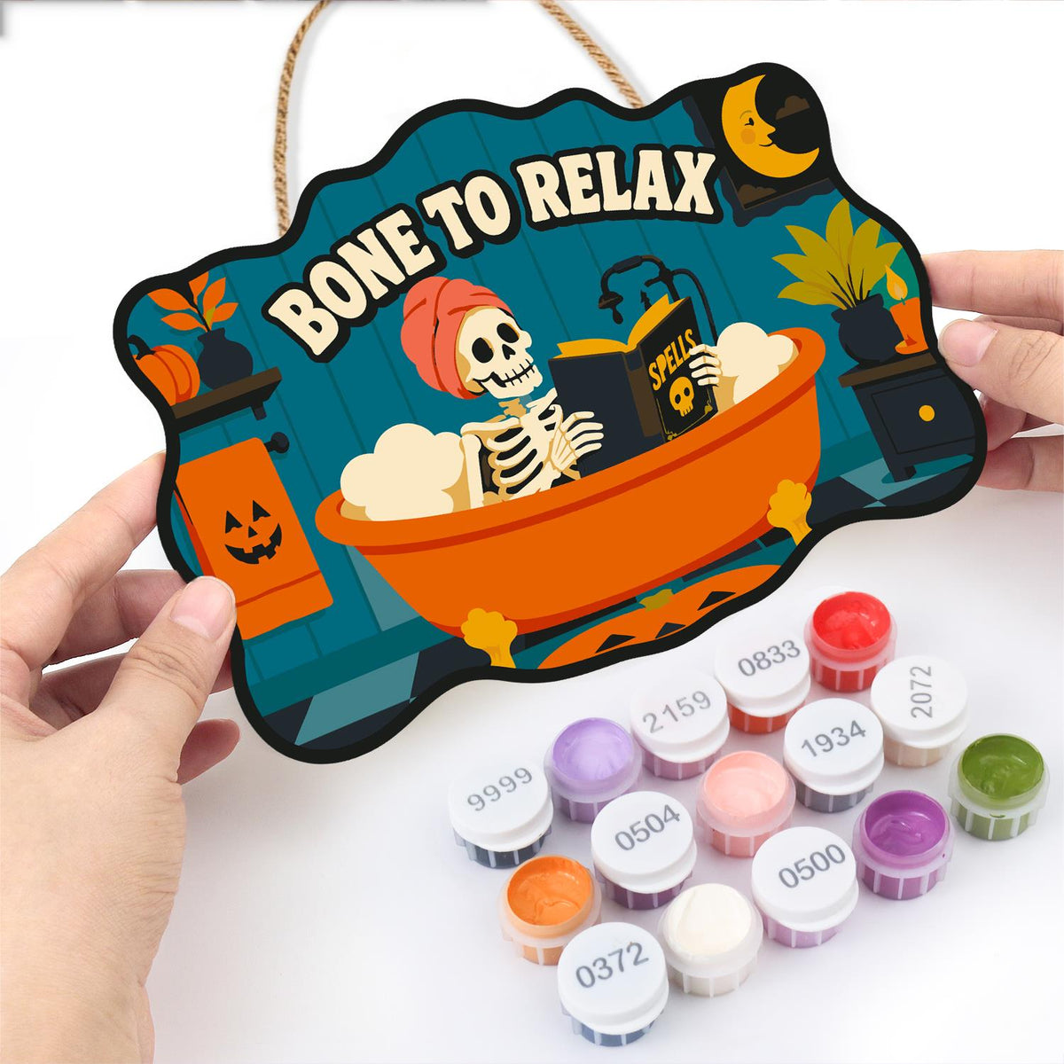 Bathtub Skeleton Reading Spells paint by numbers hanging sign – image 9