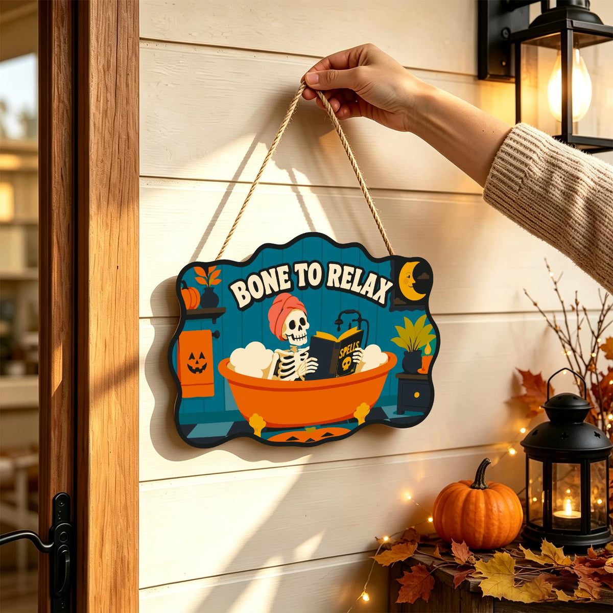 Bathtub Skeleton Reading Spells paint by numbers hanging sign – image 14